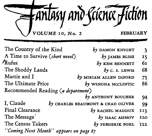 Charles Beaumont, CS Lewis, Isaac Asimov, Damon Knight, James Blish, and Frederik Pohl ALL Published in the same issue of MFSF